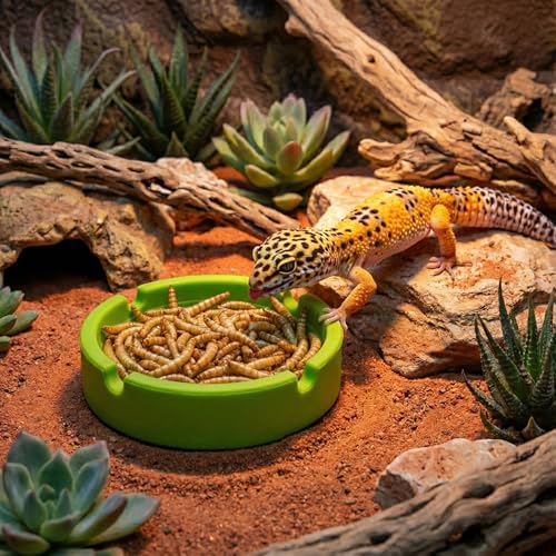 2-Pack Silicone Reptile Food and Water Bowl, Crested Gecko Tank Accessories, Eudimysx Soft Unbreakable Dish for Leopard Gecko & Hermit Crab, Shallow Low Profile & Easy to Clean (Yellow & Green)