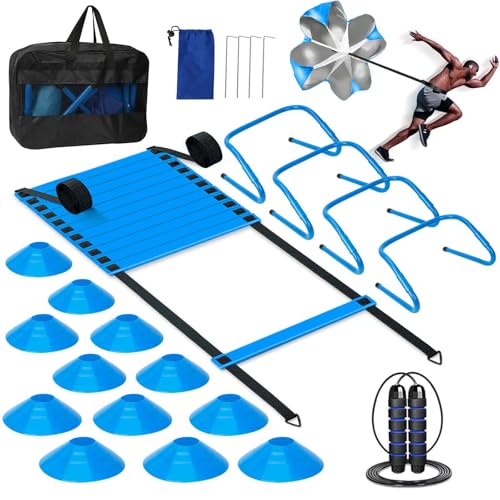 Agility Ladder, Soccer Training Equipment Set, 4 Agility Hurdles, 20ft Speed Ladder, Running Parachute, 12 Football Cones, Jump Rope | Soccer Basketball Athletes Speed Training - color: Blue