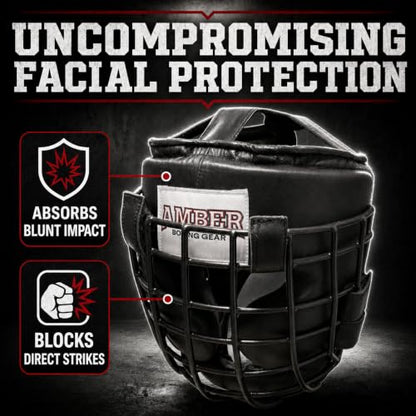 Heavy Leather Headgear with Removable Face Mask, Adjustable Hook & Loop Closure - Ideal for Boxing, Kickboxing, MMA Training