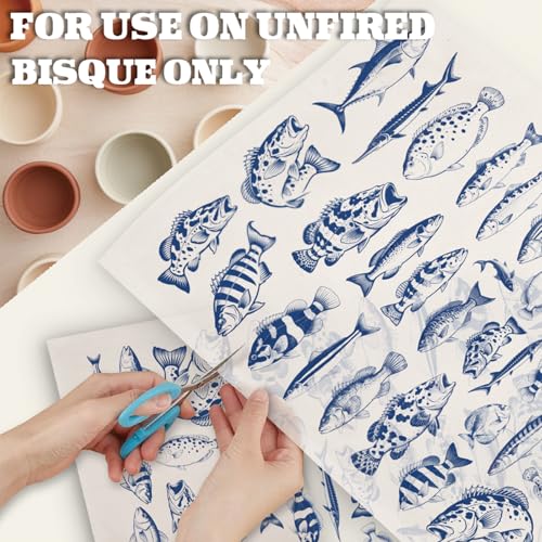 PLIGREAT 5 Pcs Fish Pattern Underglaze Transfer Paper, 20.5x14.6in Blue Ceramic Decals Lake Fishes Under Glaze Transfers Art DIY Sticker for Pottery Enamel Decals DIY Handicraft Supplies - style: Fish