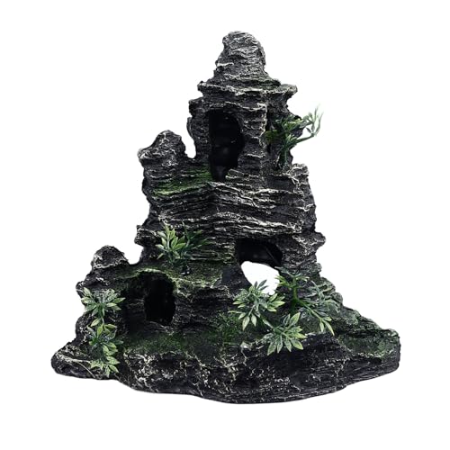 Aquarium Rockery Decoration, Fish Tank Resin Rockery with Hiding Cave, Realistic Mountain View Landscaping Stone for Freshwater and Saltwater Tanks, Safe Non -