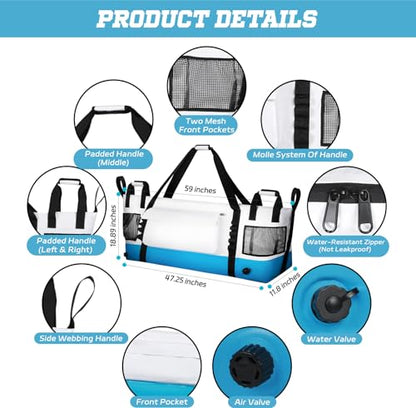 Insulated Fish Cooler Kill Bag with Flat Bottom-26x18 31x14 40x16 50x18 60x20 70x25 Inches Waterproof Fishing tackle Kill Cooler Bag - color: CreamSea-60x20x10