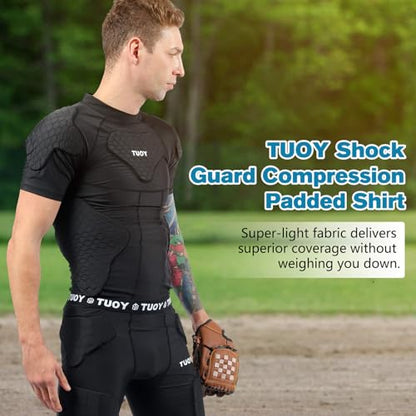 New Football Rib Chest Protector Shirt Padded Compression Shirts 6 Pads Adult Sizes Dark Black - color: Dark Black, size: X-Large