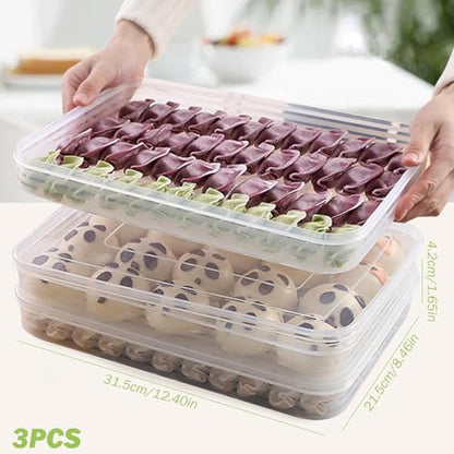 Snack Container Food Storage Container 3Pcs Dumpling Container Box Food Grade Plastic Snack Container Stackable Cookie Container with Lid Transparent Microwave Fridge Safe Storage Containers, Clear