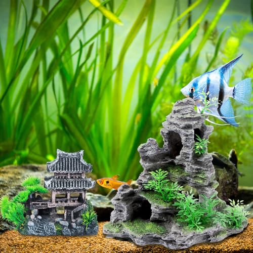 Saim Large Aquarium Decor Set - Resin Castle & Mountain Stone, 2Pack | Resin Castle and Mountain View Stone Ornament, Fish Tank Rock Decor & Aquatic Plant Background, Freshwater/Saltwater Tanks