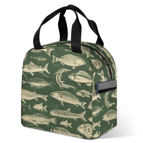 Lunch Bag Lnsulated Lunch Box Lunch Containers Retro Fish Printed Reusable Lunch Tote Bags for Women And Men Work, Travel, Outdoor
