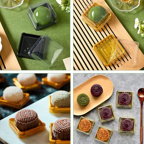 50Pcs Square Plastic Cake Boxes with Lids, 2.73" Clear PET Dessert Containers for Cupcakes, Muffins, Pastries, Bakery Packaging for Wedding, Birthday, Party Favors (gold base) - color: gold base