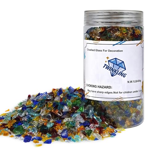 TWINKLING High Luster Fire Glass Gravel Stone Glitter,Broken Glass,Fire Gems Chips,Crushed Glass for Fire Pit Crafts Resin Art Aquarium Garden Decoration,3-6mm,1-Pound Jar (Mixted Color) - color: Mixted Color