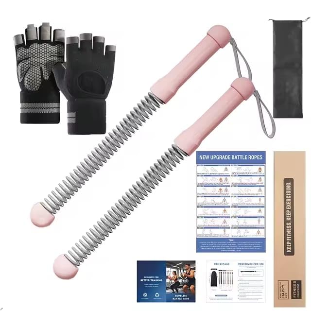Cordless Battle Ropes (2 PCS) – Portable Weighted Ropeless Battle Rope Sticks with Hand Gloves for HIIT Workout, Home Gym Strength & Cardio Training (Pink)