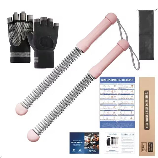 Cordless Battle Ropes (2 PCS) – Portable Weighted Ropeless Battle Rope Sticks with Hand Gloves for HIIT Workout, Home Gym Strength & Cardio Training (Pink)