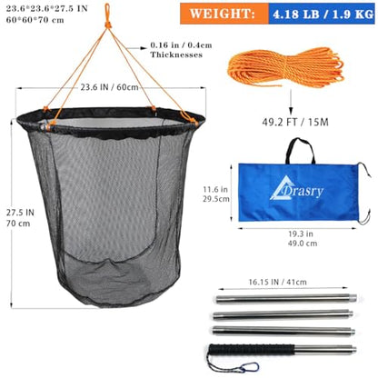 Large Collapsible Bridge Pier Fishing Net Landing Net with Rod, High Load Aluminum Ring Drop Net for Saltwater and Freshwater Pier Fishing Basket with 49.2 ft. Rope - color: Black, size: 23.6 x 23.6 x 27.5", style: Small Size Mesh