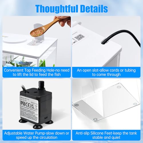 Betta Fish Tank Small Aquarium 1 Gallon Self Cleaning Fish Tank Starter Kit with Filter,Light and Adjustable Water Pump All-in-one Smart Desktop Aquarium for Shrimp Goldfish (Upgrade Filter Media)