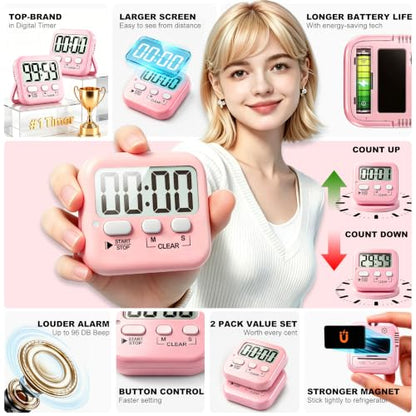 Antonki 2 Pack Digital Timer for Kids Classroom Kitchen Timers for Cooking - color: Relaxing Pink
