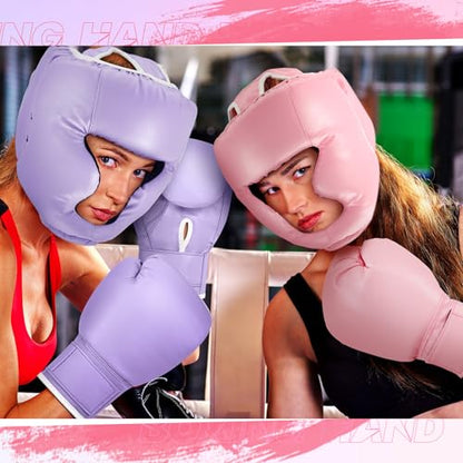 Kanayu 14 Pcs Boxing Gloves and Headgear Set for Beginners Youth 16 Ounce Boxing Gloves Headgear Helmet Hand Wraps Mouth Guards Equipment for Beginners Training Equipment Gifts - color: Purple, Pink