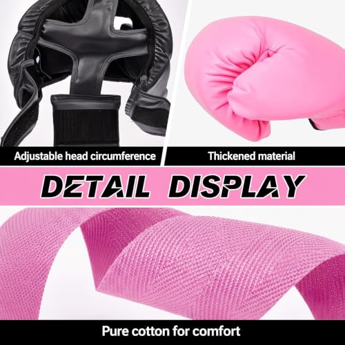 Kanayu 14 Pcs Boxing Gloves and Headgear Set for Beginners Youth 16 Ounce Boxing Gloves Headgear Helmet Hand Wraps Mouth Guards Equipment for Beginners Training Equipment Gifts - color: Black, Pink
