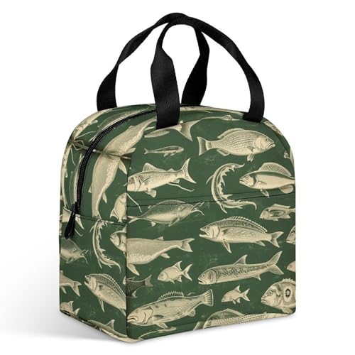 Lunch Bag Lnsulated Lunch Box Lunch Containers Retro Fish Printed Reusable Lunch Tote Bags for Women And Men Work, Travel, Outdoor