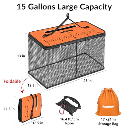 Floating Fish Basket for Live Caught, 10/15 Gallons Foldable Fishing Holder Minnow Bucket Portable Collapsible Fishing Net Storage Cage for Live Fish Bait Live Well
