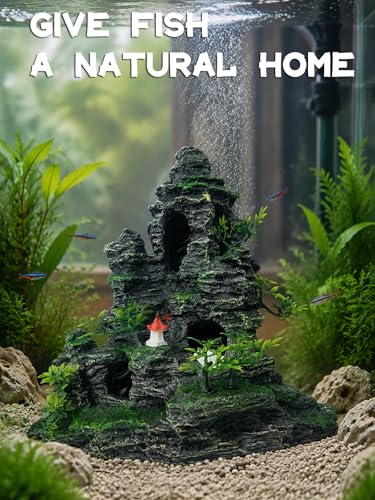 Aquarium Decor - Tall and Large Mountain Rock Ornament for Fish Tank, Aquarium Hideout with Rock Texture for Betta, Guppy, Shrimp - Aquatic Hide Decoration, Fish Hiding House（Red Tower）