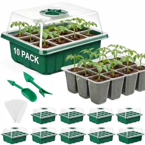10 Pcks Seed Starter Tray 120 Cells Seed Starter Kit with Humidity Dome, Seed StartingTrays for Seed Seedling Planting Starter, Mini Greenhouse Plant Germination Trays（Green）
