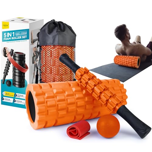 Krightlink 5 in 1 Foam Roller Set Trigger Point Exercise Foam Roller | Deep Tissue Muscle Massage Fitness Foam Roller, Massage Roller, Massage Ball, Stretching Strap, for Whole Body Orange - color: Orange Black