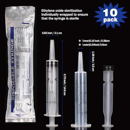 20ml Syringe with Cap, 10 Pack Large Plastic Syringes without Needle for Liquid, Scientific Labs, Measurement, Pet Feeding, Ink Refilling, Irrigation Water