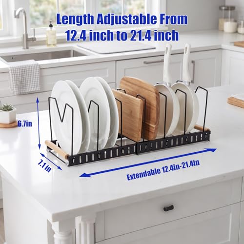 Pot and Pan Organizer Rack for Countertop and Cabinet, Expandable Pot Lid Organizer Holder with 7 Adjustable Compartment for Kitchen Cookware Cake Molds Cutting Boards Storage Rack (1 Pack,Black)