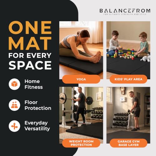 BalanceFrom 6x4 Feet 4-Panel Folding Gymnastics Mat – 2-Inch Thick Pad with Vinyl Surface and Carrying Handles for Tumbling, Yoga, Pilates, Home Workouts, and Martial Arts - color: Black