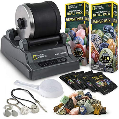 National Geographic Hobby Rock Tumbler Kit - Rock Polisher for Kids & Adults, Noise-Reduced Barrel, Grit, 2.5 Pounds Raw Gemstone & Jasper Mix, Great STEM Hobby Kit - style: Hobby Kit with 2 lbs. Rocks