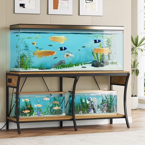 55-90 Gallon Fish Tank Stand, Metal Aquarium Stand, Power Outlets - color: Light Brown and Black