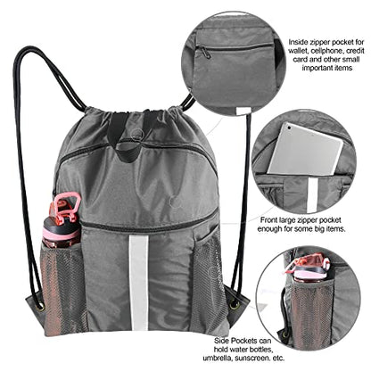 BeeGreen Drawstring Backpack Bag with Shoe Compartment, X-Large Black Gym Sports String Cinch Backpack - color: Grey