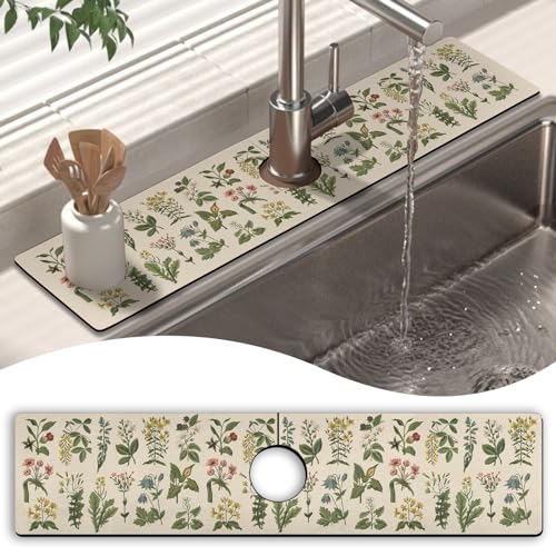 Kitchen Sink Splash Guard Faucet Mat 24" X 5.5" Floral Absorbent Fast Drying Mat Faucet Draining Mat Sink Splash Guard Behind Faucet Drip Catcher for Kitchen Bathroom - color: Floral, size: 24*5.5in