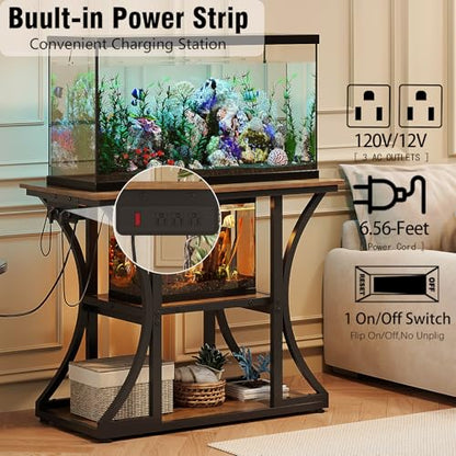 50 Gallon Aquarium Stand with Power Outlets Fish Tank Stand with 3-Tier Storage Shelves Display Stand for Turtle Tank Shelves Metal Frame Stand for Living Room Office Entryway,Brown
