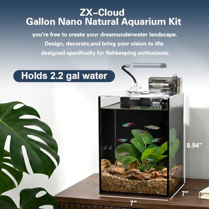 Fish Tank Kit,2.2 Gallon Small Aquarium,Ultra-Clear Nano Aquarium,Betta Fish Tank,Small Fish Tank,Aquarium Starter kit with Light,Filter,Pine Skin Stone,Sand and Artificial Plants - size: 7"L x 7"W x 9.84"H