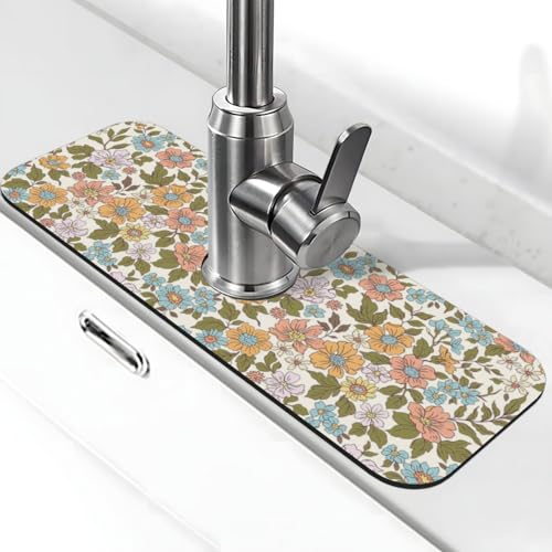 Faucet Draining Mat For Kitchen Sink, Colorful Flowers Floral Diatom Mud Absorbent Drain Pad For Bathroom Kitchen Sink Splash Guard Drying Mat - color: Colorful Flowers Floral