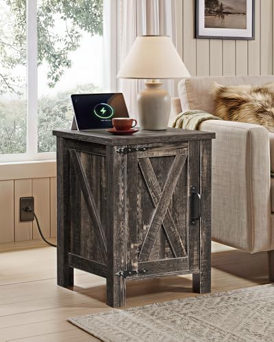 WLIVE Farmhouse Nightstand with Charging Station, End Table with Barn Door and Adjustable Storage Shelf, Rustic Wood Night Stand, 18" Modern Bedside Table for Bedroom, Dark Rustic Oak - color: Dark Rustic Oak