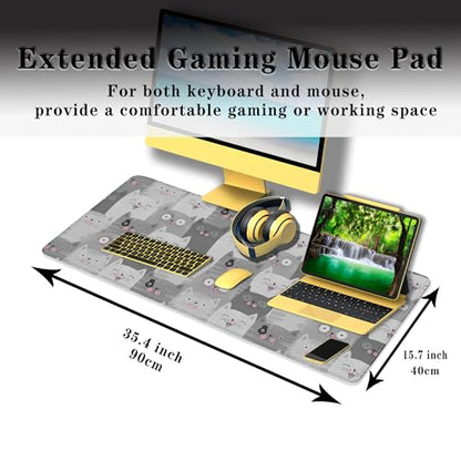 Keyboard Mouse Pad Funny Gray Cats, Large Mousepads Computer Desk Mat, XXL Gaming Mouse Pad Non-Slip Rubber Base Waterproof with Stitched Edges, 35.4 X 15.7 inch for Work/Game/Office/Home - color: Funny Grey Cats