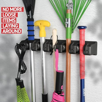 2 Pack Mop and Broom Holder Wall Mount Hanger, Heavy Duty, 5 Slots 4 Hooks - color: Black, size: 2 Pack 5-position, 6-Hooks