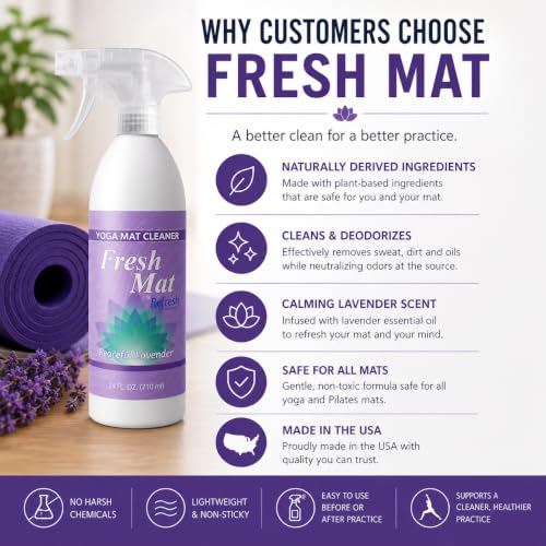 Fresh Mat Yoga Mat Cleaner Spray - Natural Deodorizing Cleaner for Yoga Mats & Fitness Equipment - No-Rinse, Residue-Free Formula with Witch Hazel & Essential Oil, Peaceful Lavender (12 fl oz). - size: 12 Fl Oz (Pack of 1)