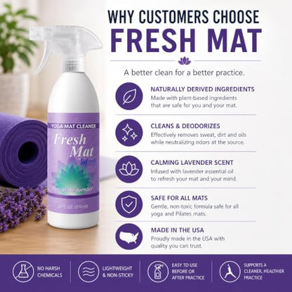 Fresh Mat Yoga Mat Cleaner Spray - Natural Deodorizing Cleaner for Yoga Mats & Fitness Equipment - No-Rinse, Residue-Free Formula with Witch Hazel & Essential Oil, Peaceful Lavender (24 fl oz). - size: 24 Fl Oz (Pack of 1)
