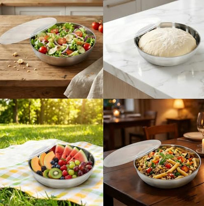 Extra Large Stainless Steel Salad Bowl with Lid and Salad Servers, Wide Mouth Mixing Bowl, Stackable Food Prep Bowl for Kitchen, Fruit, Pasta, Party, Leftovers