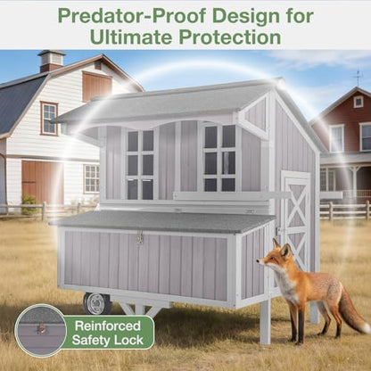 Large Chicken Coop with Wheels for 4-6 Chickens, Mobile Outdoor Chicken House with 3 Nesting Boxes & Roosts, Heavy Duty Reinforced Frame, Waterproof Roof, Pull-Out Tray, Wooden Poultry Cage