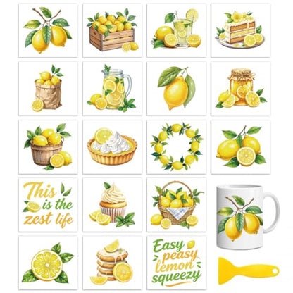 Peacoblue 18 Sheets Rub on Transfers for Crafts, Lemon 3.6"x3.9" UV DTF Cup Wraps Waterproof Rub on Cold Transfers Stickers for Wood Glass Metal Cup Tumblers Mirrors Mugs Home Decor - style: Lemon
