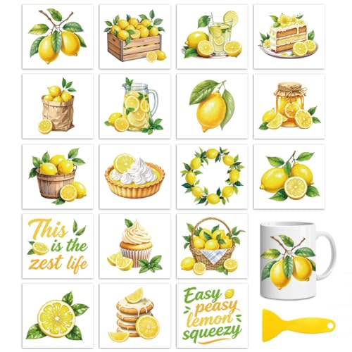 Peacoblue 18 Sheets Rub on Transfers for Crafts, Lemon 3.6"x3.9" UV DTF Cup Wraps Waterproof Rub on Cold Transfers Stickers for Wood Glass Metal Cup Tumblers Mirrors Mugs Home Decor - style: Lemon