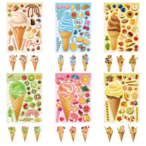 24 Sheets Ice Cream Stickers, Make-a-face Stickers for Kids Toddlers, Make Your Own Mix and Match Stickers, DIY Summer Ice Cream Stickers for Birthday Party Games Teacher Reaward - style: Ice Cream Stickers