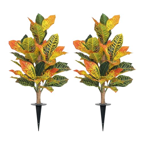 UV-Resistance 35inch Artificial Croton Plant, 2 Pack Fake Croton with Ground Spike, Faux Fiddle Leaf Fig Tree for Outdoor Home Decor