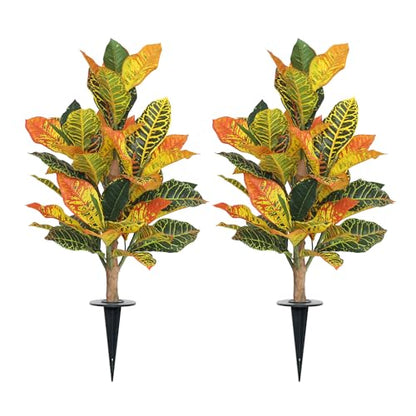 UV-Resistance 35inch Artificial Croton Plant, 2 Pack Fake Croton with Ground Spike, Faux Fiddle Leaf Fig Tree for Outdoor Home Decor