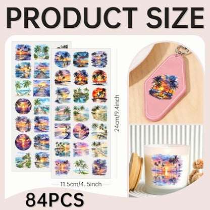 84 PCS UV DTF Stickers, Summer Tropical Beach Mini Rub on Transfer for Keychains and Libbey Glass, Permanent DIY Decals for Candles, Notebooks and Flower Pots