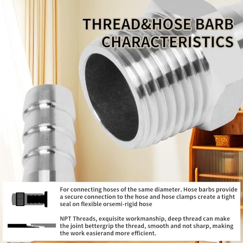 ChillWaves 304 Stainless Steel Air Hose Fittings, Hose Barb Fittings 3/8" Barb x 3/8" NPT Male Thread Adapter with Hose Clamp(3-PACK)