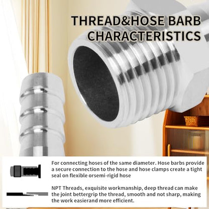 ChillWaves 304 Stainless Steel Air Hose Fittings, Hose Barb Fittings 3/8" Barb x 3/8" NPT Male Thread Adapter with Hose Clamp(3-PACK)