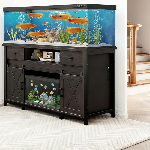 Farmhouse Fish Tank Stand w/Power Outlet – Heavy Duty Aquarium Cabinet, 800 lb Capacity, Adjustable Storage, Thickened MDF & Steel Frame, Sliding Barn Doors, (Dark Brown, 55-75 Gallon) - color: Dark Brown, size: 55-75 Gallon